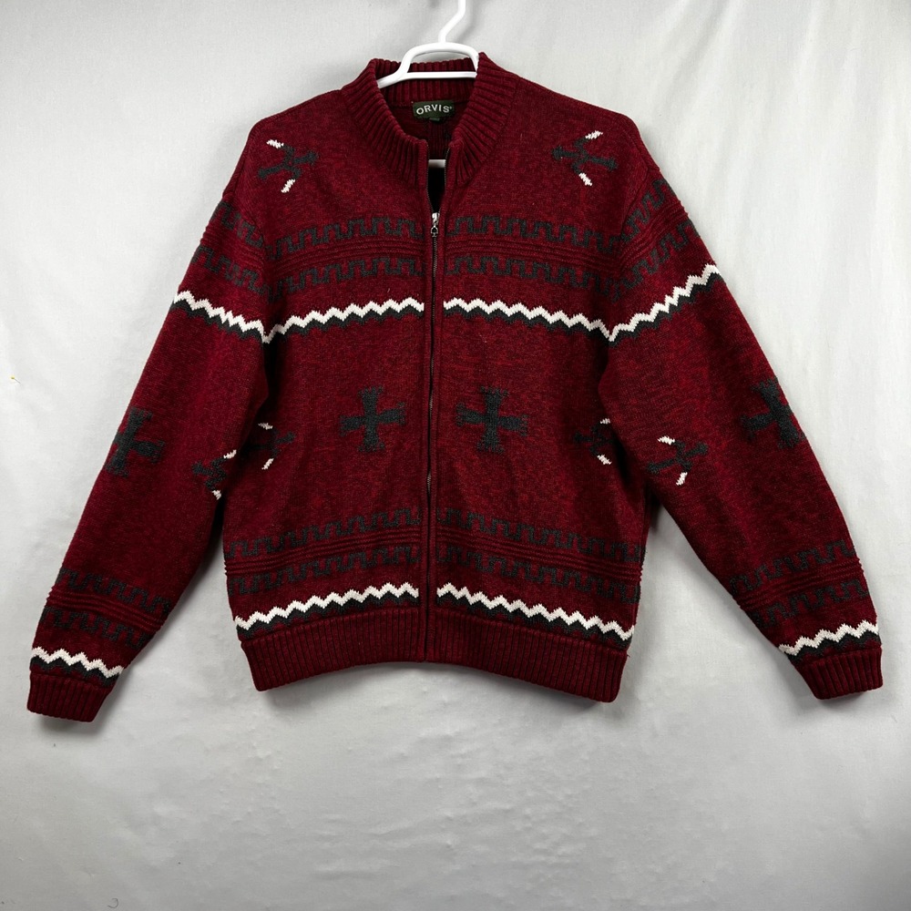 Orvis Mens XL Southwestern Full Zip Cardigan Sweater Burgundy 100% Cotton Knit